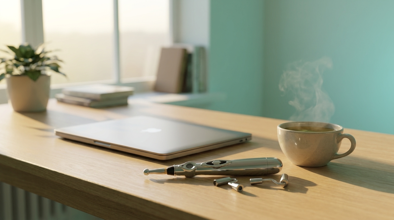 The AccuPenPro pen resting on a desk beside a closed laptop and a cup of tea