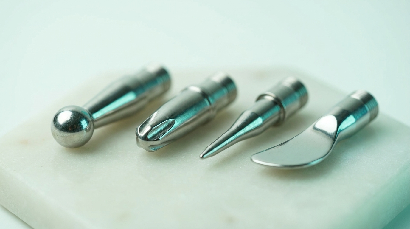 The four interchangeable AccuPenPro heads in a row: rounded ball, multi-point, fine point and flat spoon