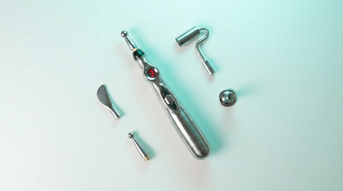 The AccuPenPro pen laid out with its interchangeable heads and storage case